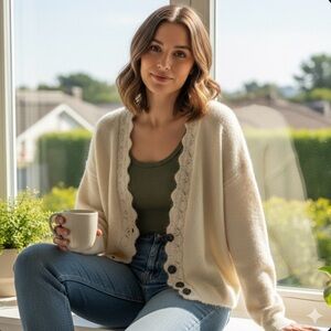 NWT GAP Cream Scalloped Pointelle Knit Cardigan Size L Grandmacore Feminine